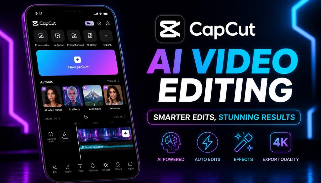 gpt image 2 capcut app interface on smartphone ai video editing dark background purple and b 0