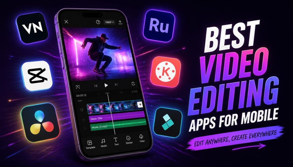 gpt image 2 multiple app icons floating around smartphone video editing interface dark purpl 0