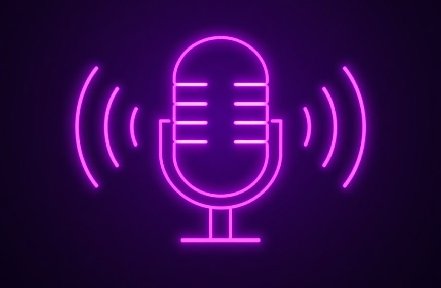 lucid origin ai voice technology microphone with sound waves purple neon glow dark background 0
