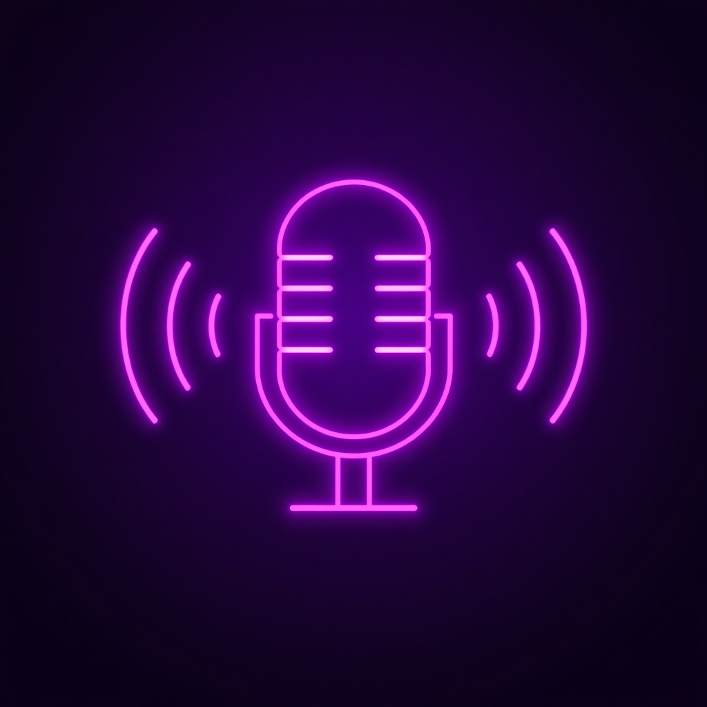 lucid origin ai voice technology microphone with sound waves purple neon glow dark background 0